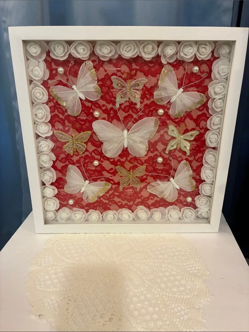 Hand Crafted White Butterfly Shadow Box Frame with Red Lace Backing